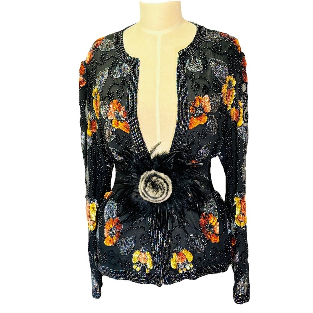 Lelie Fay Vintage Autumn Sequin Jacket with Iridescent Peacock Metallic Beading